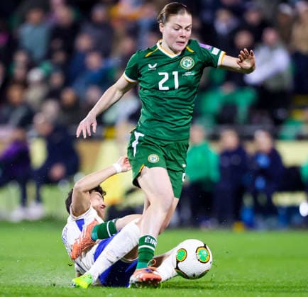 2027 FIFA Women s World Cup Qualifier, Tallaght Stadium, Dublin 3 3 2026 Republic of Ireland WNT vs France Ireland s Emily Murphy is fouled by Elisa De Almeida of France Emily Murphy is fouled by Elisa De Almeida 3 3 2026  Copyright: x INPHO NickxElliottx AC019911 copy