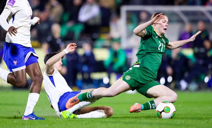2027 FIFA Women s World Cup Qualifier, Tallaght Stadium, Dublin 3 3 2026 Republic of Ireland WNT vs France Ireland s Emily Murphy is fouled by Elisa De Almeida of France Emily Murphy is fouled by Elisa De Almeida 3 3 2026  Copyright: x INPHO NickxElliottx AC019912