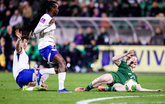 2027 FIFA Women s World Cup Qualifier, Tallaght Stadium, Dublin 3 3 2026 Republic of Ireland WNT vs France Ireland s Emily Murphy is fouled by Elisa De Almeida of France Emily Murphy is fouled by Elisa De Almeida 3 3 2026  Copyright: x INPHO NickxElliottx AC019913