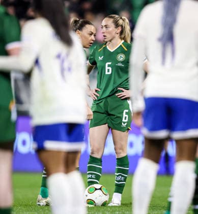 2027 FIFA Women s World Cup Qualifier, Tallaght Stadium, Dublin 3 3 2026 Republic of Ireland WNT vs France Ireland s Katie McCabe and Tyler Toland line up a free kick Katie McCabe and Tyler Toland line up a free kick 3 3 2026  Copyright: x INPHO NickxElliottx AC019944 copy