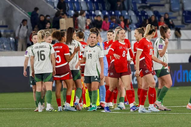 Northern Ireland and Switzerland after the match , Switzerland, Football, UEFA Womens World Cup Qualification, Group B 2, Switzerland vs Northern Ireland, 03 03 2026, Lausanne Stade de la Tuiliere Switzerland Copyright: xGrantxHubbsx