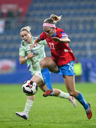 Rhiannon Roberts of Wales, left, and Franny Cerna of Czech Republic in action during the European qualifying round group B1 for 2027 Women s Football World Championship, WM, Weltmeisterschaft match Czech Republic vs Wales on 3 March 2026 in Uherske Hradiste, Czech Republic. (CTKxPhoto DaliborxGluck) CTKPhotoP2026030308485  CTKPhotoP2026030308485