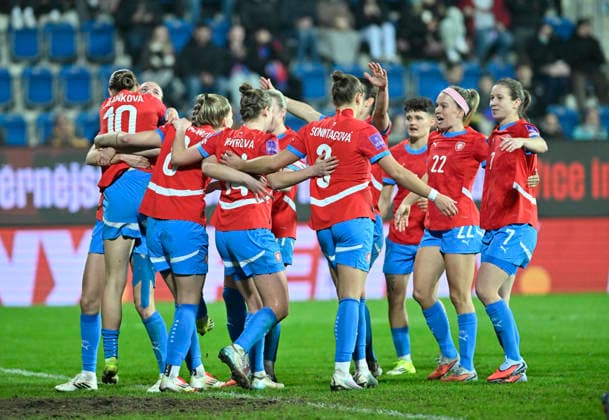 Czech players celebrate a goal during the European qualifying round group B1 for 2027 Women s Football World Championship, WM, Weltmeisterschaft match Czech Republic vs Wales on 3 March 2026 in Uherske Hradiste, Czech Republic. (CTKxPhoto DaliborxGluck) CTKPhotoP2026030308489  CTKPhotoP2026030308489