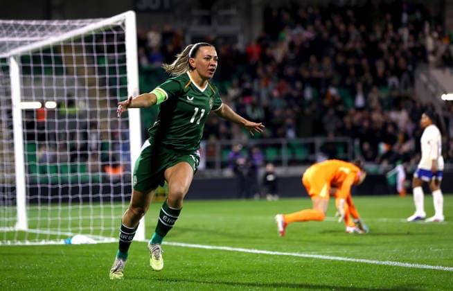 2027 FIFA Women s World Cup Qualifier, Tallaght Stadium, Dublin 3 3 2026 Republic of Ireland WNT vs France Ireland™s Katie McCabe celebrates scoring the first goal of the game Katie McCabe celebrates scoring the first goal 3 3 2026  Copyright: x INPHO RyanxByrnex RB2_4495