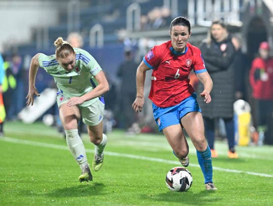 Ceri Holland of Wales, left, and Eva Bartonova of Czech Republic in action during the European qualifying round group B1 for 2027 Women s Football World Championship, WM, Weltmeisterschaft match Czech Republic vs Wales on 3 March 2026 in Uherske Hradiste, Czech Republic. (CTKxPhoto DaliborxGluck) CTKPhotoP2026030308526  CTKPhotoP2026030308526