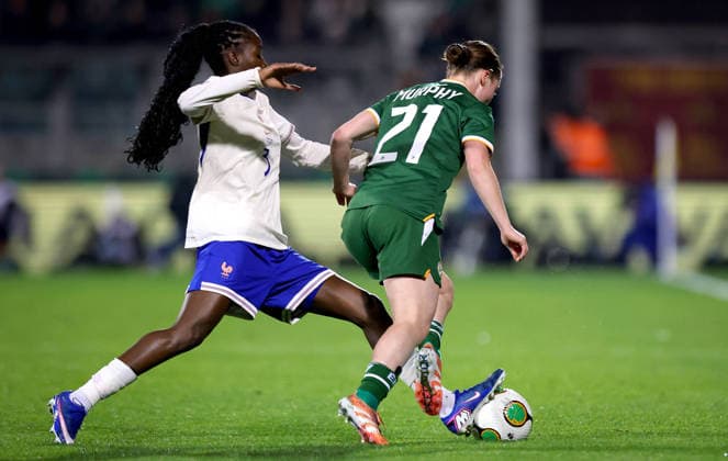 2027 FIFA Women s World Cup Qualifier, Tallaght Stadium, Dublin 3 3 2026 Republic of Ireland WNT vs France Ireland™s Emily Murphy and Thiniba Samoura of France Emily Murphy and Thiniba Samoura 3 3 2026  Copyright: x INPHO RyanxByrnex RB1_3519