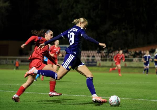 Lauren Davidson of Scotland in action against Olivia Konsbruck of Luxembourg Luxembourg Women v Scotland Women, 2027 FIFA Women s World Cup Qualifiers, Group D, Football, Stade mile Mayrisch, Luxembourg - 03 Mar 2026 Stade mile Mayrisch Luxembourg EDITORIAL USE ONLY No use with unauthorised audio, video, data, fixture lists, club league logos or live services. Online in-match use limited to 120 images, no video emulation. No use in betting, games or single club league player publications. Copyright: xGeorgexTewkesbury Shutterstockx 16719926ay