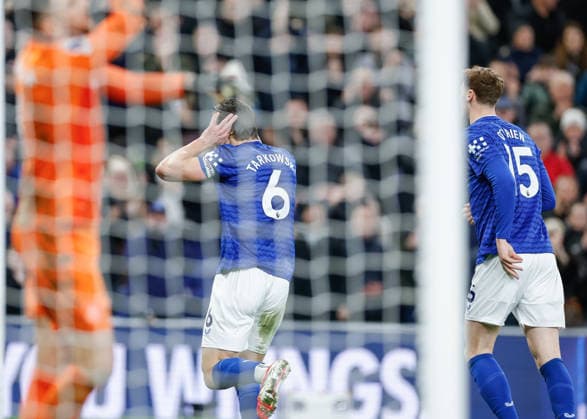 Liverpool, England, 3rd March 2026. James Tarkowski of Everton celebrates scoring their sides first goal during the Everton vs Burnley Premier League match at Hill Dickinson Stadium, Liverpool. Picture credit should read: Cody Froggatt Sportimage EDITORIAL USE ONLY. No use with unauthorised audio, video, data, fixture lists, club league logos or live services. Online in-match use limited to 120 images, no video emulation. No use in betting, games or single club league player publications. SPI_015_CF_EVERTON_V_BURNLEY SPI-4573-0013