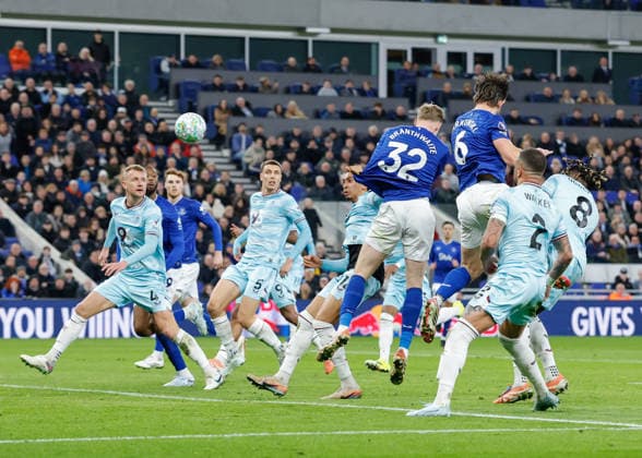 Liverpool, England, 3rd March 2026. James Tarkowski of Everton scores their sides first goal during the Everton vs Burnley Premier League match at Hill Dickinson Stadium, Liverpool. Picture credit should read: Cody Froggatt Sportimage EDITORIAL USE ONLY. No use with unauthorised audio, video, data, fixture lists, club league logos or live services. Online in-match use limited to 120 images, no video emulation. No use in betting, games or single club league player publications. SPI_012_CF_EVERTON_V_BURNLEY SPI-4573-0015