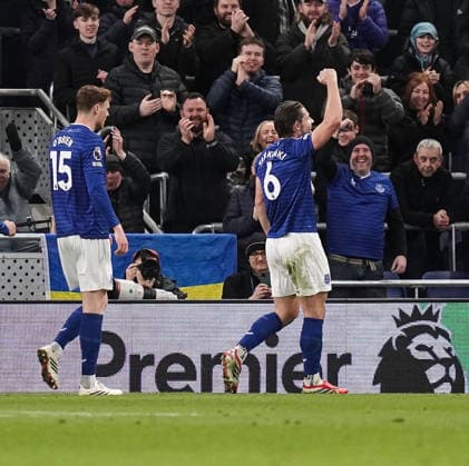 Everton v Burnley Premier League James Tarkowski of Everton (right) celebrates scoring his sides first goal during the Premier League match at the Hill Dickinson Stadium, Liverpool 03 03 2026 UK Newspapers OUT Copyright: xMikexMartinx FIL-23075-0024