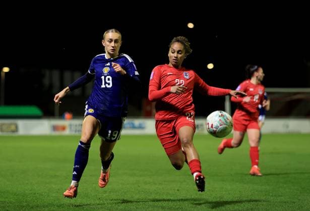 Lauren Davidson of Scotland in action against Kimberley Dos santos of Luxembourg Luxembourg Women v Scotland Women, 2027 FIFA Women s World Cup Qualifiers, Group D, Football, Stade mile Mayrisch, Luxembourg - 03 Mar 2026 Stade mile Mayrisch Luxembourg EDITORIAL USE ONLY No use with unauthorised audio, video, data, fixture lists, club league logos or live services. Online in-match use limited to 120 images, no video emulation. No use in betting, games or single club league player publications. Copyright: xGeorgexTewkesbury Shutterstockx 16719926ba