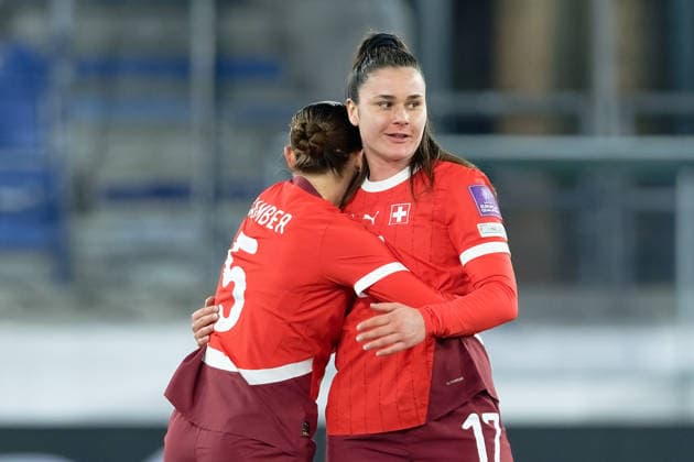 Lausanne, Switzerland - March 03 : Lia Kamber of Switzerland and Svenja Folmli of Switzerland celebrates after winning during the FIFA Women s World Cup 2027 Qualifiers match between Switzerland and Northern Ireland at Stade de la Tuiliere on March 03 , 2026 in Lausanne, Switzerland. (Photo by Giuseppe Velletri SPP) Copyright: xGiuseppexVelletrix xSPPx Sportspressphoto_SPR100681