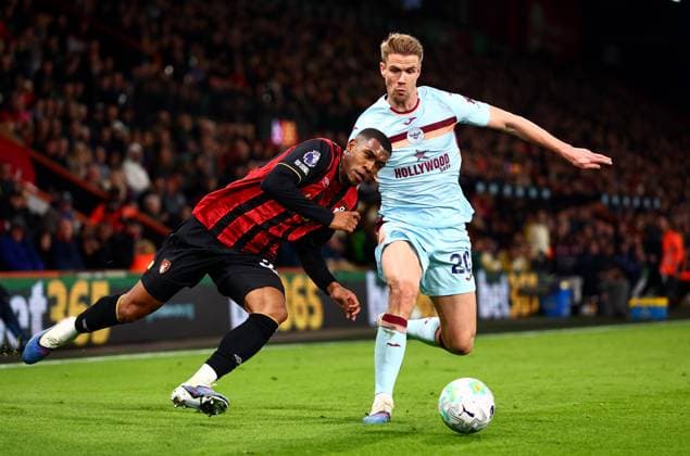Rayan of AFC Bournemouth and Kristoffer Ajer of Brentford. AFC Bournemouth v Brentford, Premier League, Football, Vitality Stadium, Bournemouth, UK - 03 Mar 2026Bournemouth Vitality Stadium United Kingdom EDITORIAL USE ONLY No use with unauthorised audio, video, data, fixture lists, club league logos or live services. Online in-match use limited to 120 images, no video emulation. No use in betting, games or single club league player publications.  Copyright: xJamesxMarsh Shutterstockx 16719986au