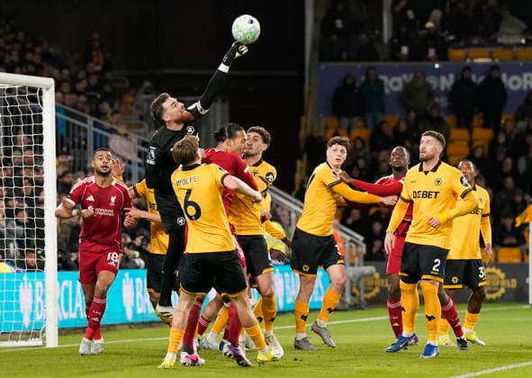 Wolverhampton, England, 3rd March 2026. Jose Sa of Wolverhampton Wanderers punches clear during the Wolverhampton Wanderers vs Liverpool Premier League match at Molineux, Wolverhampton. Picture credit should read: Andrew Yates Sportimage EDITORIAL USE ONLY. No use with unauthorised audio, video, data, fixture lists, club league logos or live services. Online in-match use limited to 120 images, no video emulation. No use in betting, games or single club league player publications. SPI_047_AY_Wolves_Liverpool SPI-4574-0045