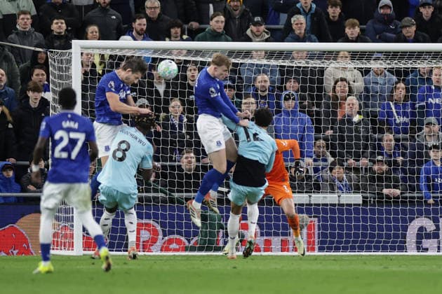 3rd March 2026; Hill Dickinson Stadium, Liverpool, England; Premier League Football, Everton versus Burnley; James Tarkowski of Everton FC scores to make it 1-0 in the 32nd minute  RogerxEvans Content restricted for UK based newspaper