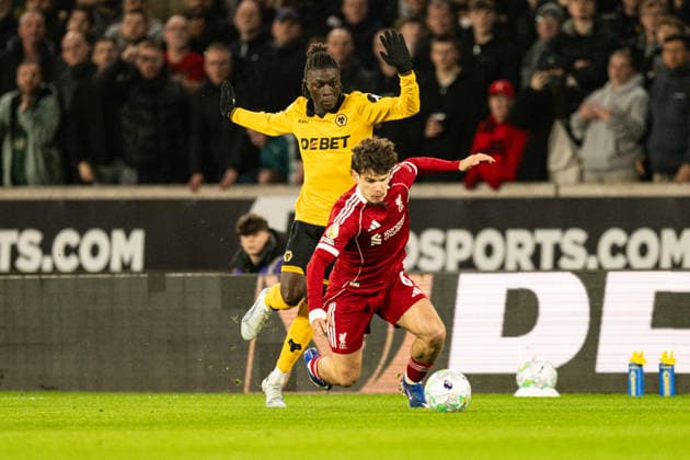 3rd March 2026; Molineux Stadium, Wolverhampton, West Midlands, England; Premier League Football, Wolverhampton Wanderers versus Liverpool; Milos Kerkez of Liverpool is fouled by Mateus Mane of Wolverhampton Wanderers  GodfreyxPitt Content restricted for UK based newspaper