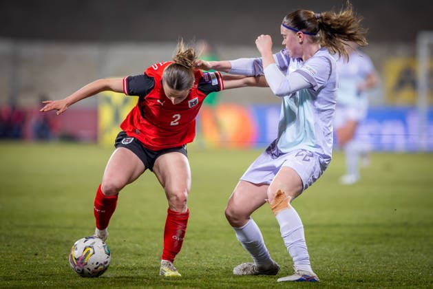 AUSTRIA - NORWAY WOMEN Chiara D Angelo of Austria and Signe Gaupset of Norway during the league phase of 2027 FIFA Women s World Cup European Qualifiers League A football match between Austria and Norway. BSFZ Arena, Vienna, Austria, March 03, 2026. Photo by Branislav Racko Copyright: xx 080A0836