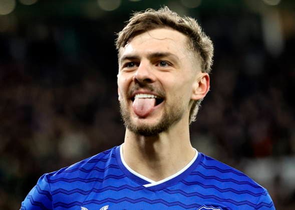Football - 2025 2026 Premier League - Everton vs Burnley - Hill Dickinson Stadium - Tuesday 3rd March 2026 Kiernan Dewsbury-Hall of Everton celebrates after scoring to put Everton 2-0 ahead in the second half, at Hill Dickinson Stadium. 