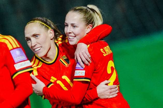 Janice Cayman and Saar Janssen of Belgium celebrate after scoring during a game between Belgium s national women s soccer team the Red Flames and Israel, qualifying game 1 6 for the 2027 FIFA Women s World Cup, on Tuesday 03 March 2026, in Budaors, Hungary. ISTVAN DERENCSENYI IstvanxDerencsenyi  x166381302x