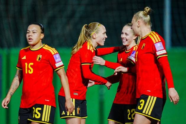 Mariam Toloba, Janice Cayman , Saar Janssen and Ella Van Kerkhoven of Belgium celebrate after scoring during a game between Belgium s national women s soccer team the Red Flames and Israel, qualifying game 1 6 for the 2027 FIFA Women s World Cup, on Tuesday 03 March 2026, in Budaors, Hungary. ISTVAN DERENCSENYI IstvanxDerencsenyi  x166381388x