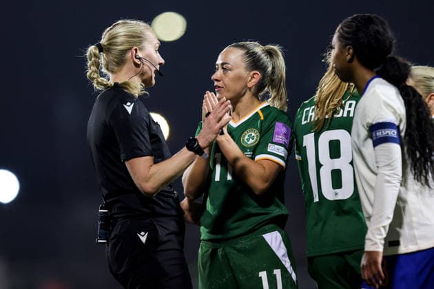 2027 FIFA Women s World Cup Qualifier, Tallaght Stadium, Dublin 3 3 2026 Republic of Ireland WNT vs France Referee Tess Olofsson with Ireland™s Katie McCabe Tess Olofsson with Ireland™s Katie McCabe 3 3 2026  Copyright: x INPHO RyanxByrnex RB1_4626