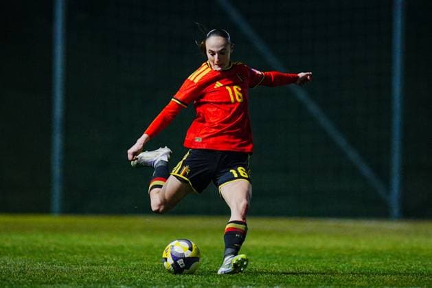 Zenia Mertens of Belgium in action during a game between Belgium s national women s soccer team the Red Flames and Israel, qualifying game 1 6 for the 2027 FIFA Women s World Cup, on Tuesday 03 March 2026, in Budaors, Hungary. ISTVAN DERENCSENYI IstvanxDerencsenyi  x166382565x