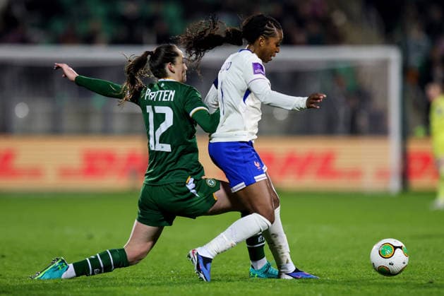 2027 FIFA Women s World Cup Qualifier, Tallaght Stadium, Dublin 3 3 2026 Republic of Ireland WNT vs France Ireland™s Anna Patten tackles France™s Grace Geyoro Anna Patten tackles Grace Geyoro 3 3 2026  Copyright: x INPHO RyanxByrnex RB1_5096