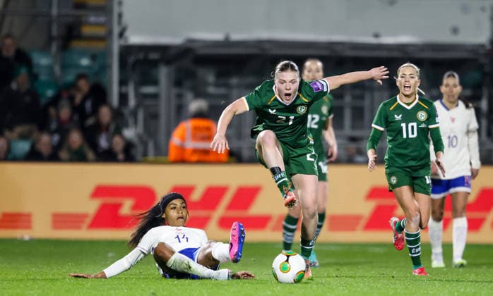 2027 FIFA Women s World Cup Qualifier, Tallaght Stadium, Dublin 3 3 2026 Republic of Ireland WNT vs France France™s Perle Morroni tackles Emily Murphy of Ireland Perle Morroni tackles Emily Murphy 3 3 2026  Copyright: x INPHO NickxElliottx AC010794 copy