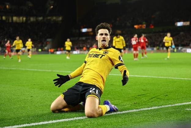 Rodrigo Gomes of Wolverhampton Wanderers celebrates scoring the opening goal Wolverhampton Wanderers v Liverpool, Premier League, Football, Molineux, Wolverhampton, UK - 03 Mar 2026Wolverhampton Molineux United Kingdom EDITORIAL USE ONLY No use with unauthorised audio, video, data, fixture lists, club league logos or live services. Online in-match use limited to 120 images, no video emulation. No use in betting, games or single club league player publications. Copyright: xMichaelxZemanek Shutterstockx 16719999ar
