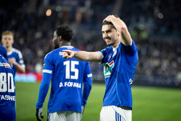 FOOTBALL : Racing Strasbourg (RCS) vs Reims - Coupe de France - Strasbourg - 03 03 26 Joie des joueurs de l equipe de Racing Strasbourg apres le but de Joaquin Panichelli 9 (RCS)  Copyright: xElyxandroxCEGARRAx