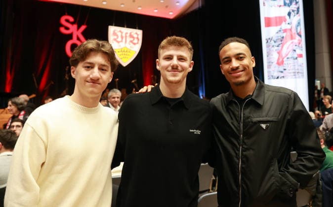 03 03 26 VfB Stuttgart Concert Classic meets Curve Germany, Stuttgart, 03 03 2026, Football, Bundesliga, VfB Stuttgart, Concert Classic meets Curve in the Liederhalle Stuttgart f l Angelo Stiller, Finn Jeltsch, Jamie Leweling