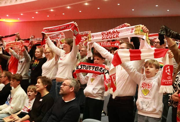 03 03 26 VfB Stuttgart concert Klassik trifft Kurve Germany, Stuttgart, 03 03 2026, Football, Bundesliga, VfB Stuttgart, concert Klassik trifft Kurve in der Liederhalle Stuttgart fans with scarves