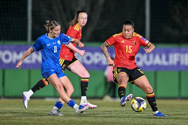 SOCCER WOMEN UEFA QUALIFIERS B4 MD1 ISRAEL VS BELGIUM Noa Selimhodzic (11) of Israel and Mariam Abdulai Toloba (15) of Belgium pictured during a women football game between the national teams of Israel and Belgium, called the Red Flames, on the first match day in League B Group B4 in the league stage of the 2026-27 UEFA Women s European Qualifiers competition , on Tuesday 3 March 2026 in Budapest , Hungary . PHOTO SPORTPIX Stijn Audooren Budapest BSC Stadium - Budaors Hungary  Copyright: xSportpix.bex xStijnxAudoorenxStijnxAudoorenx