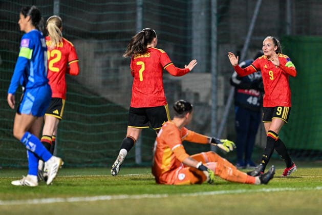 SOCCER WOMEN UEFA QUALIFIERS B4 MD1 ISRAEL VS BELGIUM Hannah Eurlings (7) of Belgium scores 0-2 and Belgium celebrate pictured during a women football game between the national teams of Israel and Belgium, called the Red Flames, on the first match day in League B Group B4 in the league stage of the 2026-27 UEFA Women s European Qualifiers competition , on Tuesday 3 March 2026 in Budapest , Hungary . PHOTO SPORTPIX Stijn Audooren Budapest BSC Stadium - Budaors Hungary  Copyright: xSportpix.bex xStijnxAudoorenxStijnxAudoorenx