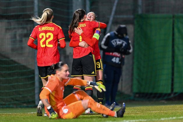 SOCCER WOMEN UEFA QUALIFIERS B4 MD1 ISRAEL VS BELGIUM Hannah Eurlings (7) of Belgium scores 0-2 and Belgium celebrate pictured during a women football game between the national teams of Israel and Belgium, called the Red Flames, on the first match day in League B Group B4 in the league stage of the 2026-27 UEFA Women s European Qualifiers competition , on Tuesday 3 March 2026 in Budapest , Hungary . PHOTO SPORTPIX Stijn Audooren Budapest BSC Stadium - Budaors Hungary  Copyright: xSportpix.bex xStijnxAudoorenxStijnxAudoorenx