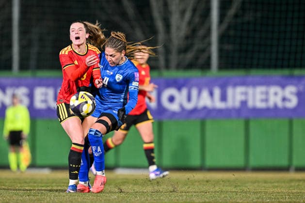 SOCCER WOMEN UEFA QUALIFIERS B4 MD1 ISRAEL VS BELGIUM Valesca Ampoorter (8) of Belgium and Itaf Alkisi (4) of Israel pictured during a women football game between the national teams of Israel and Belgium, called the Red Flames, on the first match day in League B Group B4 in the league stage of the 2026-27 UEFA Women s European Qualifiers competition , on Tuesday 3 March 2026 in Budapest , Hungary . PHOTO SPORTPIX Stijn Audooren Budapest BSC Stadium - Budaors Hungary  Copyright: xSportpix.bex xStijnxAudoorenxStijnxAudoorenx