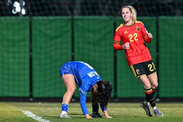 SOCCER WOMEN UEFA QUALIFIERS B4 MD1 ISRAEL VS BELGIUM Saar Janssen (22) of Belgium scores 0-3 and Belgium celebrate pictured during a women football game between the national teams of Israel and Belgium, called the Red Flames, on the first match day in League B Group B4 in the league stage of the 2026-27 UEFA Women s European Qualifiers competition , on Tuesday 3 March 2026 in Budapest , Hungary . PHOTO SPORTPIX Stijn Audooren Budapest BSC Stadium - Budaors Hungary  Copyright: xSportpix.bex xStijnxAudoorenxStijnxAudoorenx