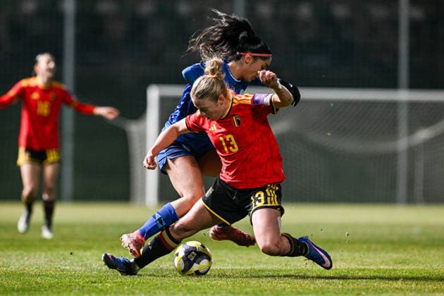SOCCER WOMEN UEFA QUALIFIERS B4 MD1 ISRAEL VS BELGIUM Maayan Ben Israel (10) of Israel and Elena Dhont (13) of Belgium pictured during a women football game between the national teams of Israel and Belgium, called the Red Flames, on the first match day in League B Group B4 in the league stage of the 2026-27 UEFA Women s European Qualifiers competition , on Tuesday 3 March 2026 in Budapest , Hungary . PHOTO SPORTPIX Stijn Audooren Budapest BSC Stadium - Budaors Hungary  Copyright: xSportpix.bex xStijnxAudoorenxStijnxAudoorenx