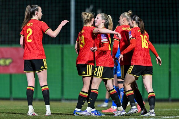 SOCCER WOMEN UEFA QUALIFIERS B4 MD1 ISRAEL VS BELGIUM Saar Janssen (22) of Belgium scores 0-3 and Belgium celebrate pictured during a women football game between the national teams of Israel and Belgium, called the Red Flames, on the first match day in League B Group B4 in the league stage of the 2026-27 UEFA Women s European Qualifiers competition , on Tuesday 3 March 2026 in Budapest , Hungary . PHOTO SPORTPIX Stijn Audooren Budapest BSC Stadium - Budaors Hungary  Copyright: xSportpix.bex xStijnxAudoorenxStijnxAudoorenx