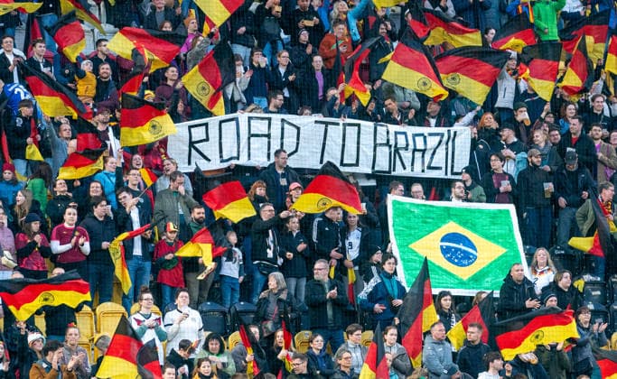 3 3 2026, Football, GER, Women, World Cup Qualification, Matchday 1, Germany Slovenia, The German fans show a banner with the inscription Road to Brazil and a Brazilian national flag Dresden Rudolf Harbig Stadium Saxony Germany