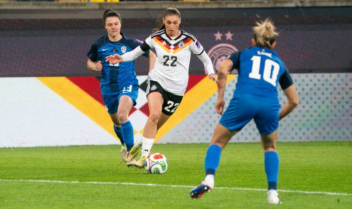 3 3 2026, Football, GER, Women, World Cup Qualification, Matchday 1, Germany Slovenia, Jule Brand Germany, Center vs Dominika Conc Slovenia, re Dresden Rudolf Harbig Stadium Saxony Germany