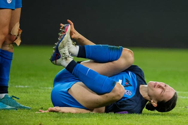 Dresden, Germany 03 March 2026 International match for Womens World Cup Qualification Germany Women vs Slovenia Women In the picture Sara Agrez Slovenia injured on the pitch Copyright: HMBxMedia MadeleinexFantini