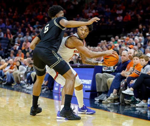 March 03, 2026: Virginia Cavaliers Guard 1 Malik Thomas looks to pass the ball during a NCAA, College League, USA Men s Basketball game between the Wake Forest Demon Deacons and the University of Virginia Cavaliers at John Paul Jones Arena in Charlottesville, VA. CSM Charlottesville United States of America - ZUMAc04_ 20260303_zma_c04_003 Copyright: xJustinxCooperx