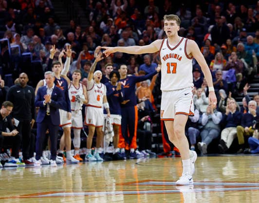 March 03, 2026: Virginia Cavaliers Center 17 Johann Grunloh celebrates the first three point shot of the game during a NCAA, College League, USA Men s Basketball game between the Wake Forest Demon Deacons and the University of Virginia Cavaliers at John Paul Jones Arena in Charlottesville, VA. CSM Charlottesville United States of America - ZUMAc04_ 20260303_zma_c04_005 Copyright: xJustinxCooperx