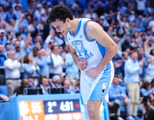 March 3, 2026: North Carolina guard Luka Bogavac (44) celebrates after hitting 3 point shot in second half. NCAA, College League, USA basketball game between Clemson University and University of North Carolina at Dean Smith Center, Chapel Hill, North Carolina. CSM Chapel Hill United States of America - ZUMAc04_ 20260303_zma_c04_007 Copyright: xDavidxBeachx