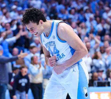March 3, 2026: North Carolina guard Luka Bogavac (44) celebrates after hitting 3 point shot in second half. NCAA, College League, USA basketball game between Clemson University and University of North Carolina at Dean Smith Center, Chapel Hill, North Carolina. CSM Chapel Hill United States of America - ZUMAc04_ 20260303_zma_c04_010 Copyright: xDavidxBeachx
