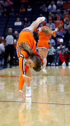 March 03, 2026: Virginia cheerleaders perform for the crowd during a NCAA, College League, USA Men s Basketball game between the Wake Forest Demon Deacons and the University of Virginia Cavaliers at John Paul Jones Arena in Charlottesville, VA. CSM Charlottesville United States of America - ZUMAc04_ 20260303_zma_c04_020 Copyright: xJustinxCooperx
