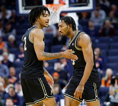 March 03, 2026: Wake Forest Demon Deacons Guard 2 Jake Harris celebrates a three point basket with Wake Forest Demon Deacons Guard 8 Mekhi Mason during a NCAA, College League, USA Men s Basketball game between the Wake Forest Demon Deacons and the University of Virginia Cavaliers at John Paul Jones Arena in Charlottesville, VA. CSM Charlottesville United States of America - ZUMAc04_ 20260303_zma_c04_027 Copyright: xJustinxCooperx