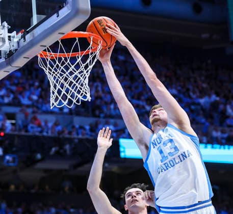March 3, 2026: North Carolina center Henri Veesaar (13) dunks the ball in first half. NCAA, College League, USA basketball game between Clemson University and University of North Carolina at Dean Smith Center, Chapel Hill, North Carolina. CSM Chapel Hill United States of America - ZUMAc04_ 20260303_zma_c04_035 Copyright: xDavidxBeachx