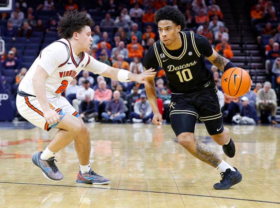 March 03, 2026: Wake Forest Demon Deacons Guard 10 Sebastian Akins dribbles against Virginia Cavaliers Guard 2 Chance Mallory during a NCAA, College League, USA Men s Basketball game between the Wake Forest Demon Deacons and the University of Virginia Cavaliers at John Paul Jones Arena in Charlottesville, VA. CSM Charlottesville United States of America - ZUMAc04_ 20260303_zma_c04_038 Copyright: xJustinxCooperx